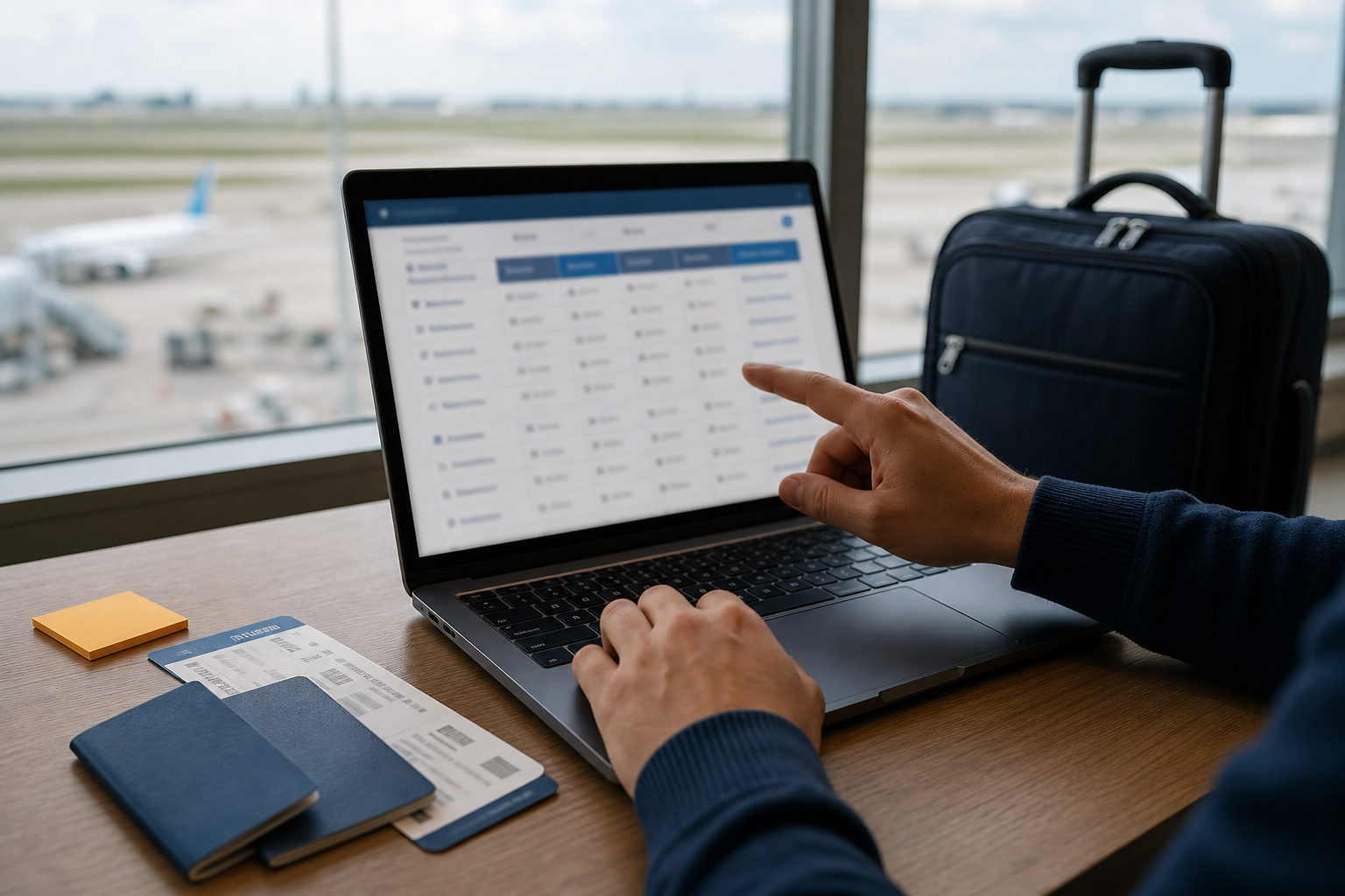 Reiziger controleert vliegtickets op een laptop bij een luchthavenraam